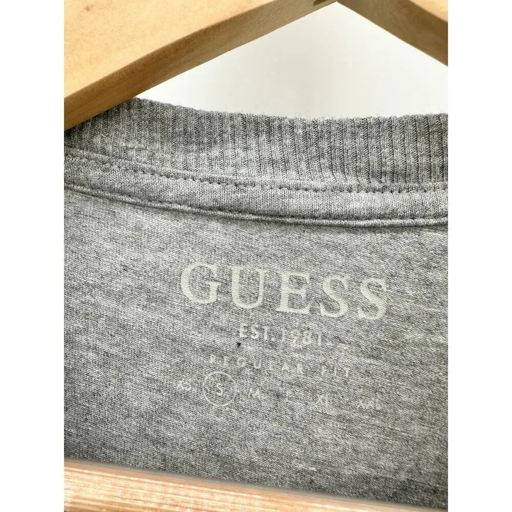 Guess Chenille Script Marble Heather Grey Short Sleeve Shirt Men's Size Small S - Picture 4 of 7